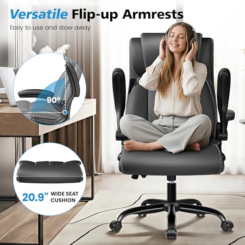 Stella Mia Ergonomic Office Chair – High Back Executive Leather Desk Chair with Inflatable Lumbar Support for Back Pain, Heavy-Duty Computer Desk Chair for Long Workdays, Black