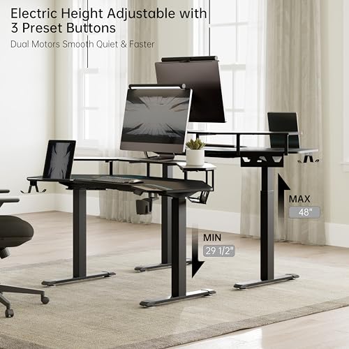EUREKA ERGONOMIC Gaming Desk Adjustable Height Standing Desk 63" Wing Shaped Music Studio Table Workstation w Full Coverage Mousepad, 3 Stands, Dual Headphone/Cup Holder, Ipad-Slot