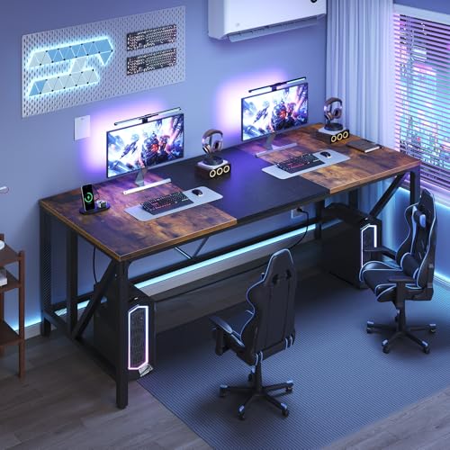 YATINEY 70.9" Computer Desk with Power Outlets, Gaming Desk, Large Office Executive Desk Workstation, Business Furniture for Home Office, Study, Rustic Brown and Black DN18UBR