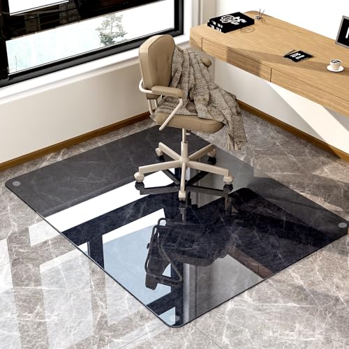 GLSLAND 46" × 55" [Tempered Glass] Chair Mat – Durable Office Chair Mat on Carpet with 0.2" Thickness, 4 Non‑Slip Pads, Sleek & Sturdy Matte Gray Finish, Smooth Glide & Easy Clean, Blue & Grey