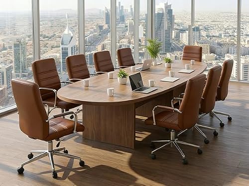 Office Desk Chair Leather, Conference Room Chairs with Wheels, Modern Executive Office Chairs Adjustable Height, Ergonomic Swivel Rolling Ribbed Computer Chair(Brown)