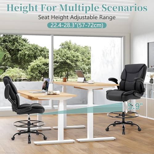 Ergonomic Drafting Chair, Tall Office Chair for Standing Desk, High Back Standing Desk Chair with Flip-Up Armrest, Adjustable Height&Foot Ring, Executive PU Leather Extended Height Office Chairs,Black