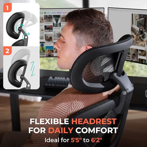 CAPOT Ergonomic Mesh Office Chair, Adjustable Lumbar High Back Desk Chair 400lbs, 4D Flip-up Arms, 3 Tilt Backrest, 3D Headrest, PU Wheels, Swivel Rolling Computer Chair for Long Desk Work - Black