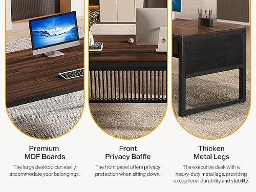 Tribesigns 63-Inch Executive Desk, Modern Home Office Desk for Workstation, Computer Desk with Sturdy Legs for Home Office (Dark Walnut & Black, Only Table)