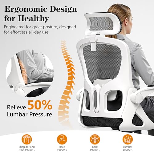 Ergonomic Office Chair, High Back Desk Chair with Flip-up Arms, 300 LBS Mesh Computer Chair with Adjustable Headrest & Lumbar Support, Comfy Gaming Chair for Adults, Home Office Desk Chairs (White)