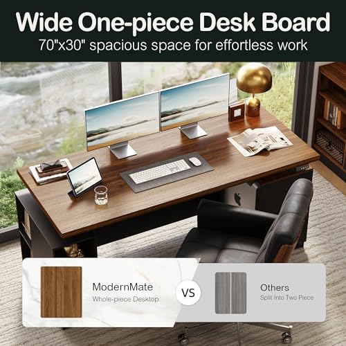 ModernMate 71" Electric Standing Executive Desk with Privacy Panel, Large One-Piece Height Adjustable Stand Up Desk, Power Outlet & Storage for Home Office, Black Walnut