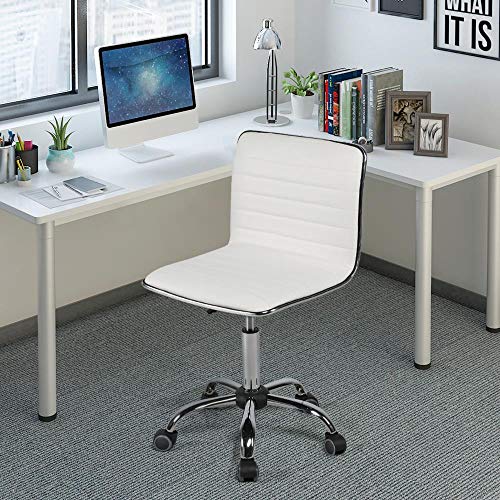 Yaheetech Adjustable Task Chair PU Leather Low Back Ribbed Armless Swivel White Desk Chair Office Chair Wheels