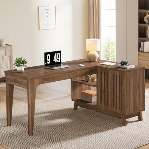 Tribesigns L-Shaped Desk with Storage Cabinet, 57-Inch Wood Corner Workstation, Home Office Computer Desk, Study Writing Table for Bedroom, Walnut