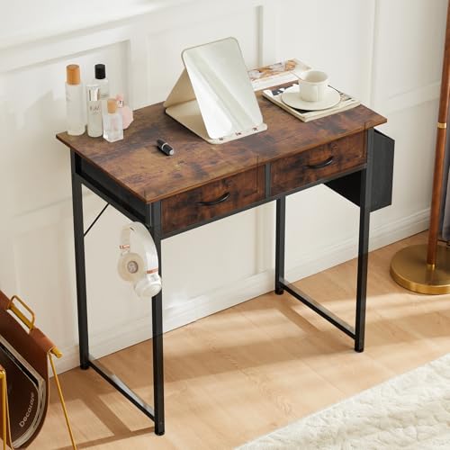 DUMOS 32" Home Office Computer Desk with Drawers, Small Gaming Writing Study Table with Storage Side Bag, Headphone Hook and Adjustable Feet for Bedroom Rustic Brown
