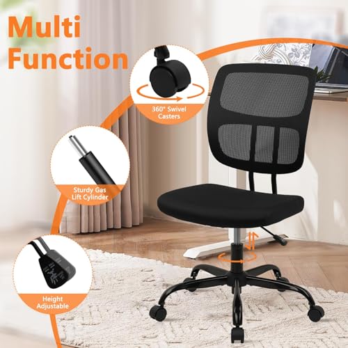 CLATINA Armless Home Office Chair, Small Ergonomic Mesh Back Desk Chair with Lumbar Support and Wheels, Adjustable Height 360° Swivel Rolling Computer Task Chair for Conference Waiting, Black