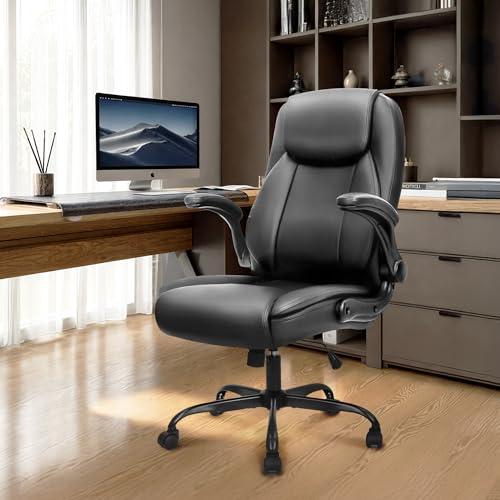 NEO CHAIR Office Desk Gaming Computer Home Chair Ergonomic Executive High Back Support Flip-up Arms Adjustable Height Swivel Rolling Wheels Comfy PU Leather (Black)