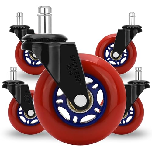 SPOTLESS GEAR Roller blade Office Chair Wheels for Gaming Chair, 3 inch Replacement Rubber Casters for Hardwood Floors & Carpet, Ultra Smooth & Quiet Heavy Duty Desk Chair Wheels, Set of 5 (Red Blaze)