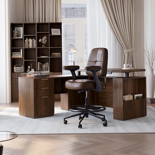 Perledesign Drafting Executive Chair, Tall Office Chair with Padded Flip-Up Armrests, Mid-Back Cushioned Seat, 360° Swivel Rolling Computer Desk Chair for Standing Desk & Home Office, Vintage Brown