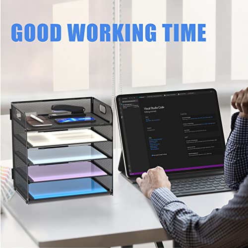 Supeasy 5 Trays Paper Organizer Letter Tray with Handle-Mesh Desk File Holders, Paper Sorter Desk Organizer for Office, Home, Classroom or School