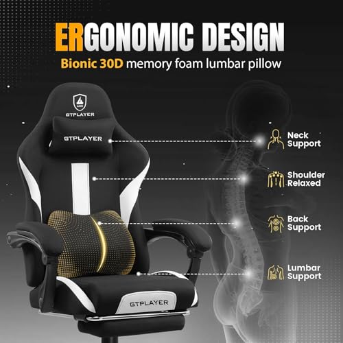 GTPLAYER Gaming Chair with Foot Rest & Pocket Spring Cushion, Breathable Fabric for Home Office Desk, Ergonomic High Back Computer Chair with Headrest & Lumbar Support, Black