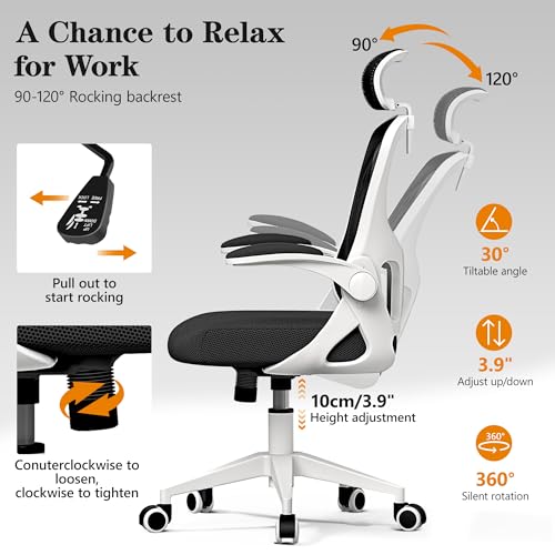 Ergonomic Office Chair, High Back Desk Chair with Flip-up Arms, 300 LBS Mesh Computer Chair with Adjustable Headrest & Lumbar Support, Comfy Gaming Chair for Adults, Home Office Desk Chairs (White)