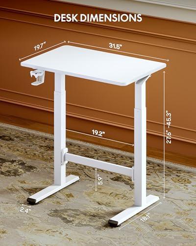FLEXISPOT H7 Plus Gas Spring Adjustable Standing Desk, Mobile Rolling Sit-Stand Table with Wheels, Cordless Stand Up Desk for Small Spaces & Home Office, 32" One-Piece Desktop White,Height 27.6"–45"