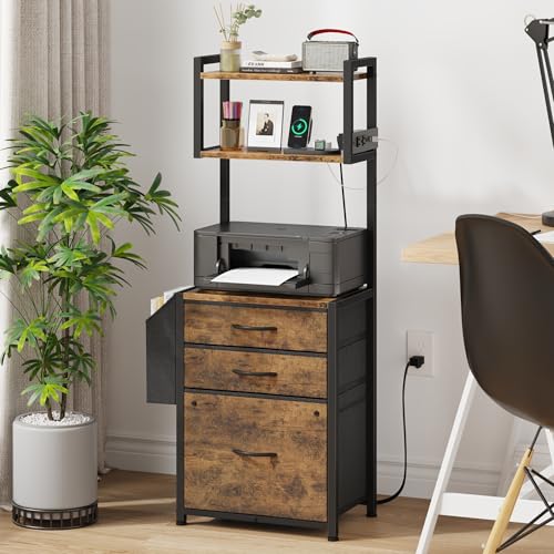 HIGDBFE 3 Drawer File Cabinet with Charging Station, 45''H, 3-Tier Small Filing Cabinet for Home Office, 11''*16'' for Small Printer, Fabric Drawer Fits Letter/A4, Tall Printer Stand, Rustic Brown
