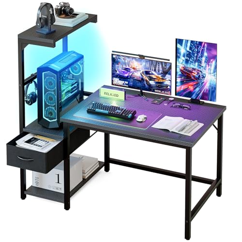 Grandder Gaming Desk 41 Inch with CPU Stand and LED Light, Computer Desk with Reversible Shelves and Storage Drawer, Pc Small Desk for Home Office Table with Bag, Carbon Fiber Black