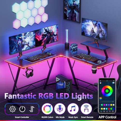Mr IRONSTONE Gaming Desk with LED Lights, L Shaped Desk Corner with Cup Holder & Headphone Hook, Computer Desk Home Office Desks with Large Monitor Stand, Carbon Fiber Surface, Black 51 Inch