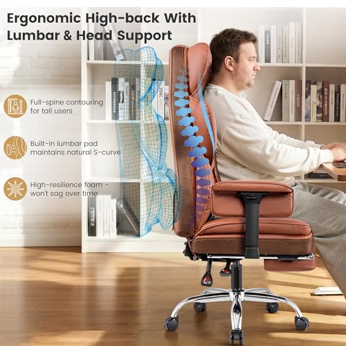 Stella Mia Big & Tall Executive Office Chair 400 LBS, Ergonomic High Back Heavy Duty Computer Chair with Retractable Footrest and Wide Seat, for Heavy People, Brown