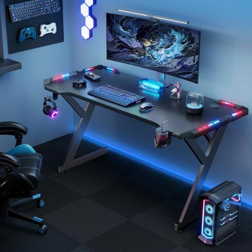 HLDIRECT 47 Inch Gaming Desk with LED Lights, Ergonomic Computer Gaming Table with Carbon Fibre Surface, Sturdy PC Workstation Desk for Home Office with Headphone Hook, Cup Holder, Black