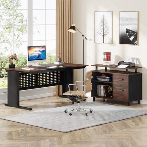 Tribesigns 63 Inch Executive Desk with File Cabinet, Large Office Desk L Shaped Computer Desk with Drawers and Storage Shelves, Business Furniture Desk for Home Office, Dark Walnut and Black