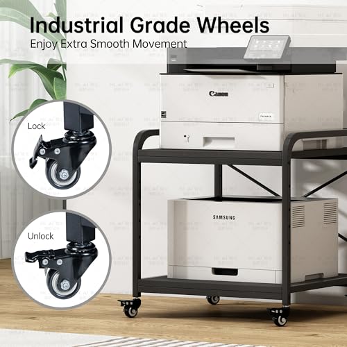 Fannova 2 Tier Under Desk Printer Stand with Storage, 20 Inches Deep Large Printer Table with Height Adjustable Shelf, Rolling Printer Cart with Wheels for Home Office - Black