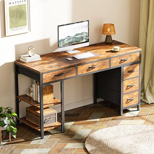 Huuger Computer Desk with 6 Drawers, Office Desk with Shelves, Reversible Gaming Desk, Corner Desk with Storage, Work for Home Office, Study, Living Room, 47inch, Rustic Brown