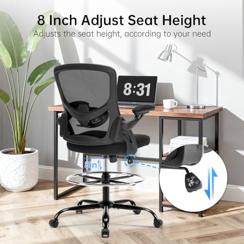 Heromate Drafting Chair Ergonomic Comuputer Standing Desk Chair with Flip-Up Arms and Lumbar Support, Tall Office Chair with Adjustable Footrest, Stool Counter Height Office Chairs Black