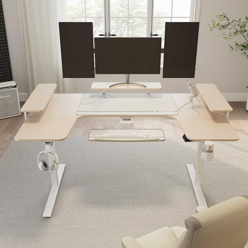 EUREKA ERGONOMIC Gaming Standing Desk with Keyboard Tray,74" U Shaped Studio Desk for Recording&Live,Electric Height Adjustable Desk w LED Convertible Shelves,Maple
