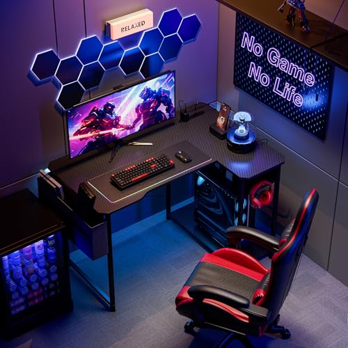 Acrolix L Shaped Gaming Desk 40 Inch - Computer Corner Desk with Power Outlets, Reversible Shelves & Storage Bag for Home Office, PC Gaming Table, Black Carbon