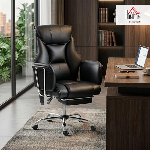 HOMCOM Massage Office Chair with 6-Point Vibration, 155° Recline & Retractable Footrest, PU Leather Executive Computer Desk Chair with Lumbar Support, Pocket Springs, Wheels for Home Office, Black