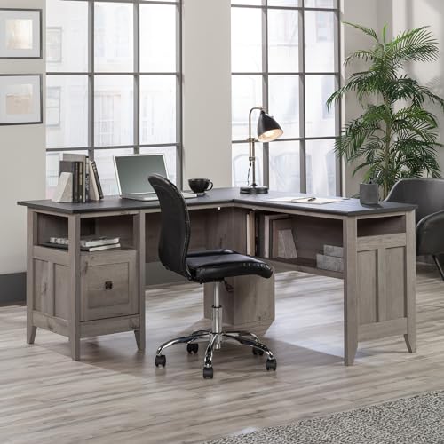 Sauder August Hill L-Shaped Home Office Desk, Farmhouse Corner Desk with File Drawer, Cable Management, Mystic Oak Finish
