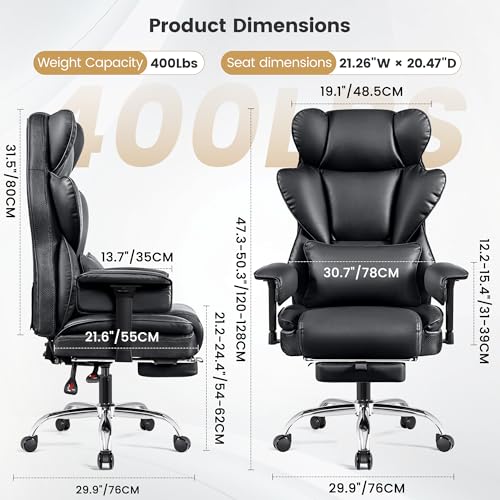 Stella Mia Big & Tall Office Chair 400 lbs – 21.3" Wide Seat High Back Ergonomic Executive Chair with Retractable Footrest, Heavy Duty Computer Gaming Chair for Heavy People, Black