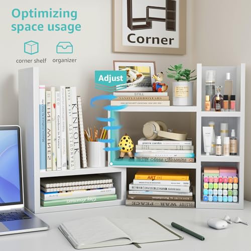NUTIKAS Desk Shelves Desktop Organizer Shlef - White Office Organization for Top of Desk Organizers and Accessories Corner Bookshelf Table Top Shelving Small Hutch Decorations for Women Office
