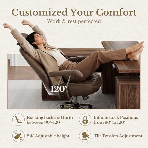 Perledesign High Back Office Chair with Lumbar Support - Ergonomic Executive Desk Chair, Adjustable Swivel Computer Chair in Premium Faux Leather for Home Office Comfort, Brown