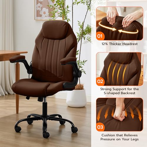 Ylzyxal Office Desk Chair, Ergonomic Computer Chair with Padded Flip-Up Arms and Adjustable Lumbar Support, PU Leather Executive Chair with Tilt Lock and 360° Swivel Rolling Wheels for Work, Study