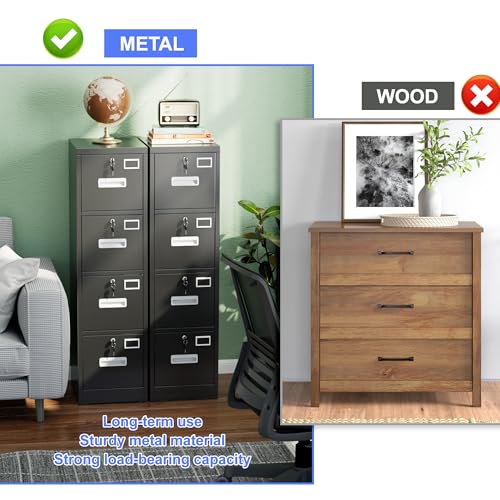 SUXXAN 4 Drawer File Cabinet with Lock and Name Card Slots, Heavy Duty Metal Vertical Filing Cabinet for Home Office for Letter/Legal/A4 Size, 17.72" D x 14.96" W x 55.2" H, Black