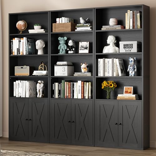 Shintenchi Bookshelf, Industrial Bookshelves and Bookcases with Doors Floor Standing 6 Shelf Display Storage Shelves 70.9 inches Tall Bookcase for Home Office, Living Room (Black)