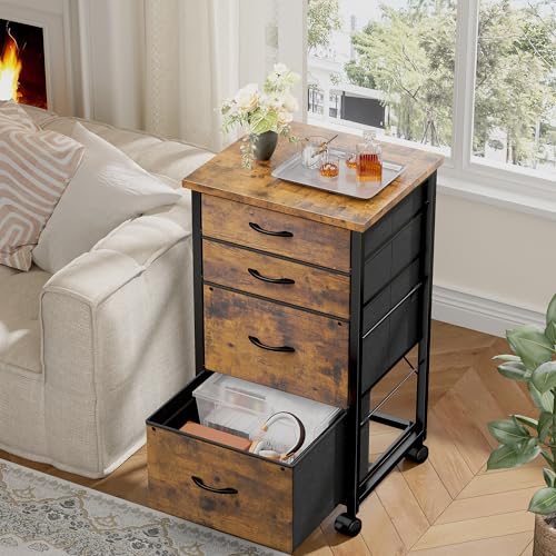 DurayLoly File Cabinet with 4 Fabric Drawers Rolling Printer Stand with Lockable Caster Fits A4/Letter/Legal Size, Home Office Storage, Rustic Brown