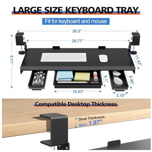 OUKMIC Large Height Adjustable Keyboard Tray with Sturdy C-Clamp Mount and Storage Drawer, 27"(31" Including Clamps) x 12" Slide Out Ergonomic Keyboard Trays for Home and Office, Black