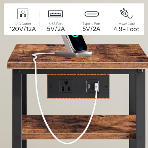 HOOBRO Printer Stand, Printer Table with Charging Station, Printer Cart with Hanging File Folder Organizer, Rolling File Cabinet Cart, Shelf for Home Office, Rustic Brown and Black BF17UPS01