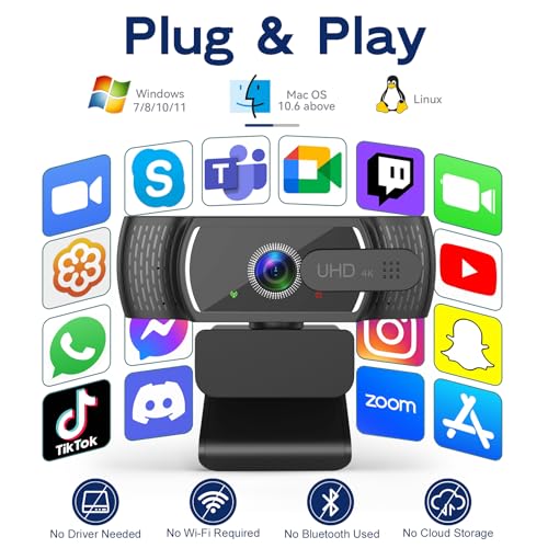 4K Webcam for PC & Mac, Tiny USB Streaming Camera with PDAF Autofocus, Dual Omnidirectional Noise-Canceling Microphones, Auto Low-Light Correction, Works with Zoom, Teams, Google Meet & Twitch