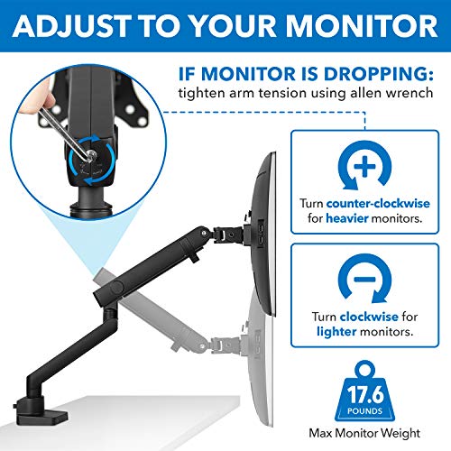 Mount-It! Single Monitor Arm Desk Mount for 24-32 Inch Computer Screens, Full Motion Aluminum Stand, VESA 75x75 100x100, Holds up to 17.6 lbs, Cable Management, C-Clamp and Grommet Base, Black