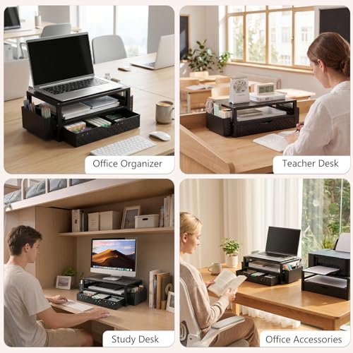 WALI Bundles Monitor Stand Riser with Drawer and 2 Pen Holders and Desk File Organizer, 4 Tier Desktop Paper Letter Tray Organizer with Drawer and 2 Pen Holders (PTT004-B+DO005DH-B)
