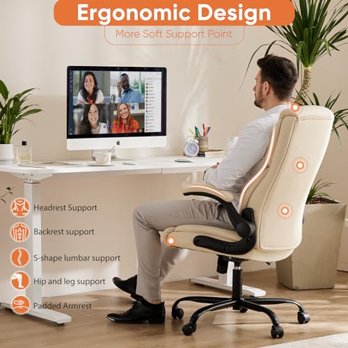 Sweetcrispy Ergonomic Office Chair - Heavy Duty Task Desk Chair with Flip-up Armrest, PU Leather, Height Adjustable & Swivel Rolling Chair with Wheels, Beige