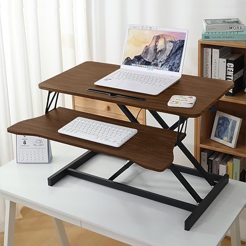 GOAWGO Standing Desk Converter, 32 Inch Wide, Height Adjustable Sit to Stand Workstation Riser, Dual Monitor with Wide Keyboard Tray for Home Office (Walnut)
