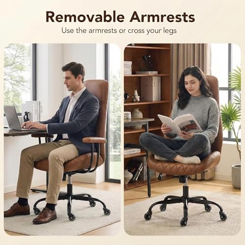 E-Motie Office Chair with Rubber Wheels, Ergonomic Computer Chair 500 lbs, Leather Desk Chair with Lumbar Support, Executive Chair Adjustable Height & Recline, Brown