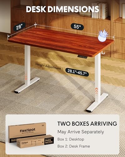 FLEXISPOT EN1 One-Piece Standing Desk with 1-Inch Thick Seamless Desktop, 55"x28" Electric Height Adjustable Desk for Home Office, Multi-Monitor Setups & Easy Assembly, Mahogany
